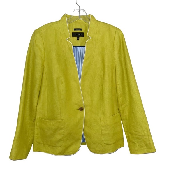 Talbots Aberdeen Linen Chartreuse Classy MatureCoastal Grandma Blazer Size 10 - Picture 1 of 13